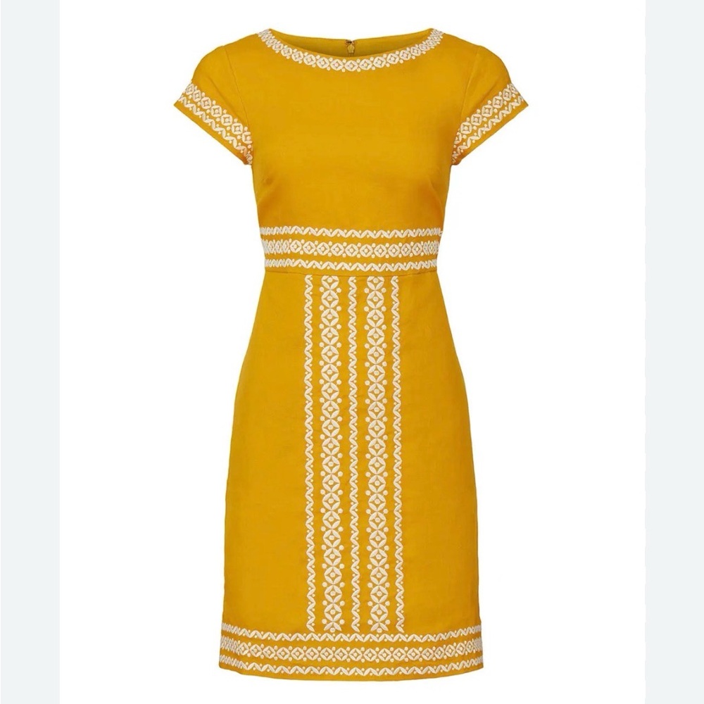 Boden Laura 100% Linen Embroidered Shift Dress in Tuscan Sun Yellow - Size 8 - Picture 3 of 12